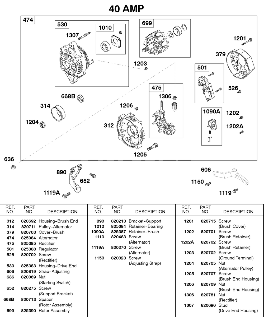 Alternator-40 Amp Diagram and Parts List for 587447-0105-XX  Briggs and Stratton Engine